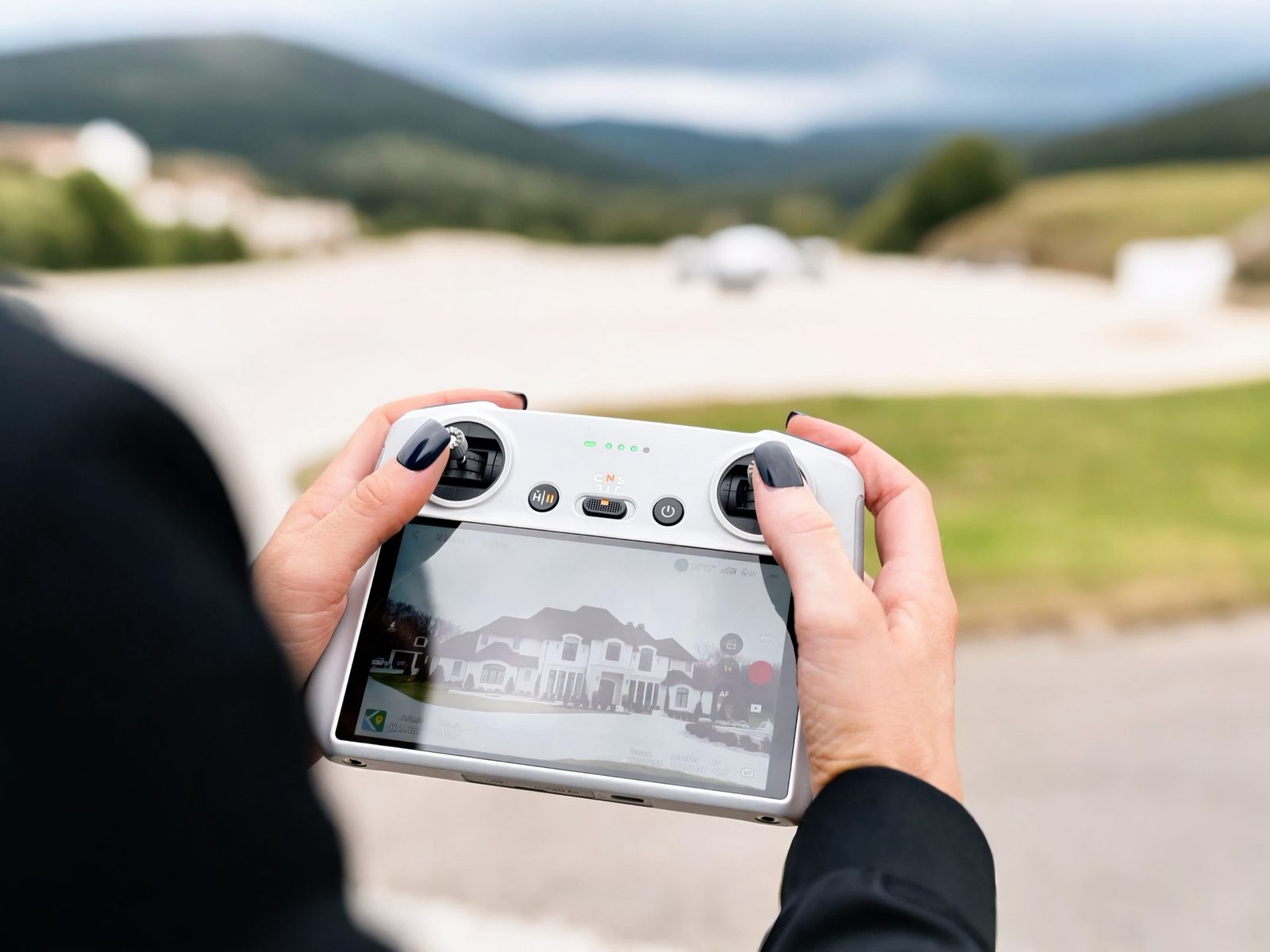 Drone remote controller in hand, on a location scout